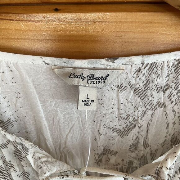 $99 Lucky Brand Lace Up Metallic Top Long Sleeve Blouse Cream & Gold Size L Boho - Picture 6 of 8